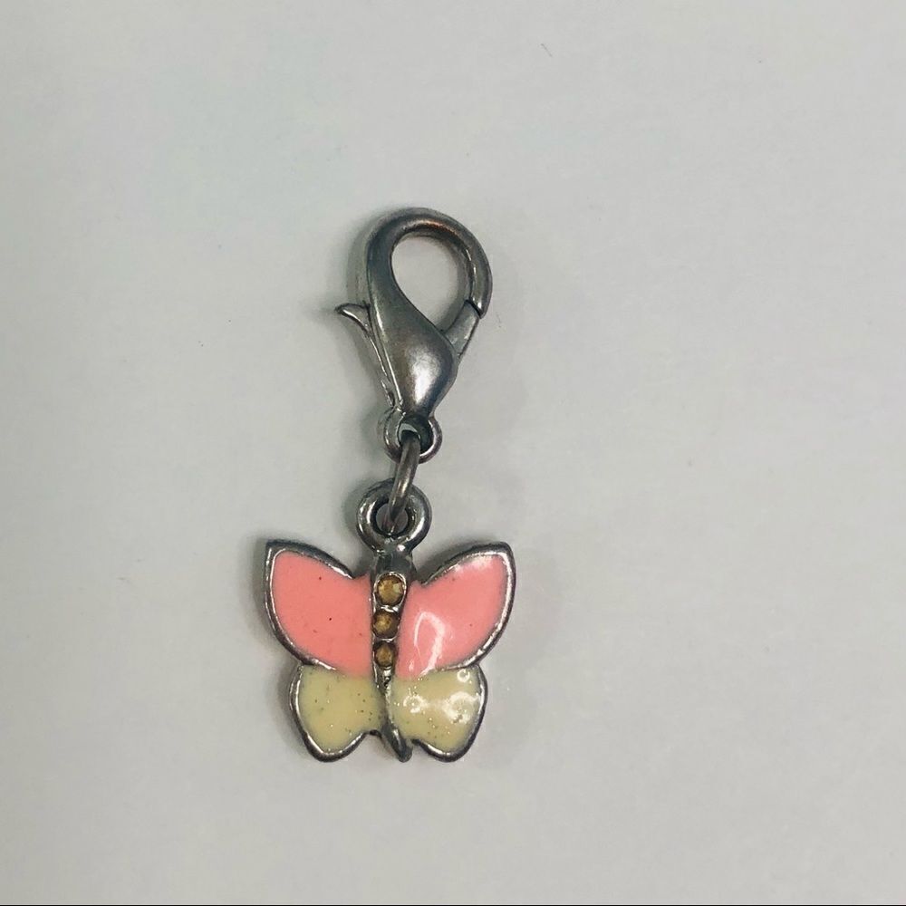 pink and white enamel butterfly charm, silver‎ tone, lobster hook, dangle charm.